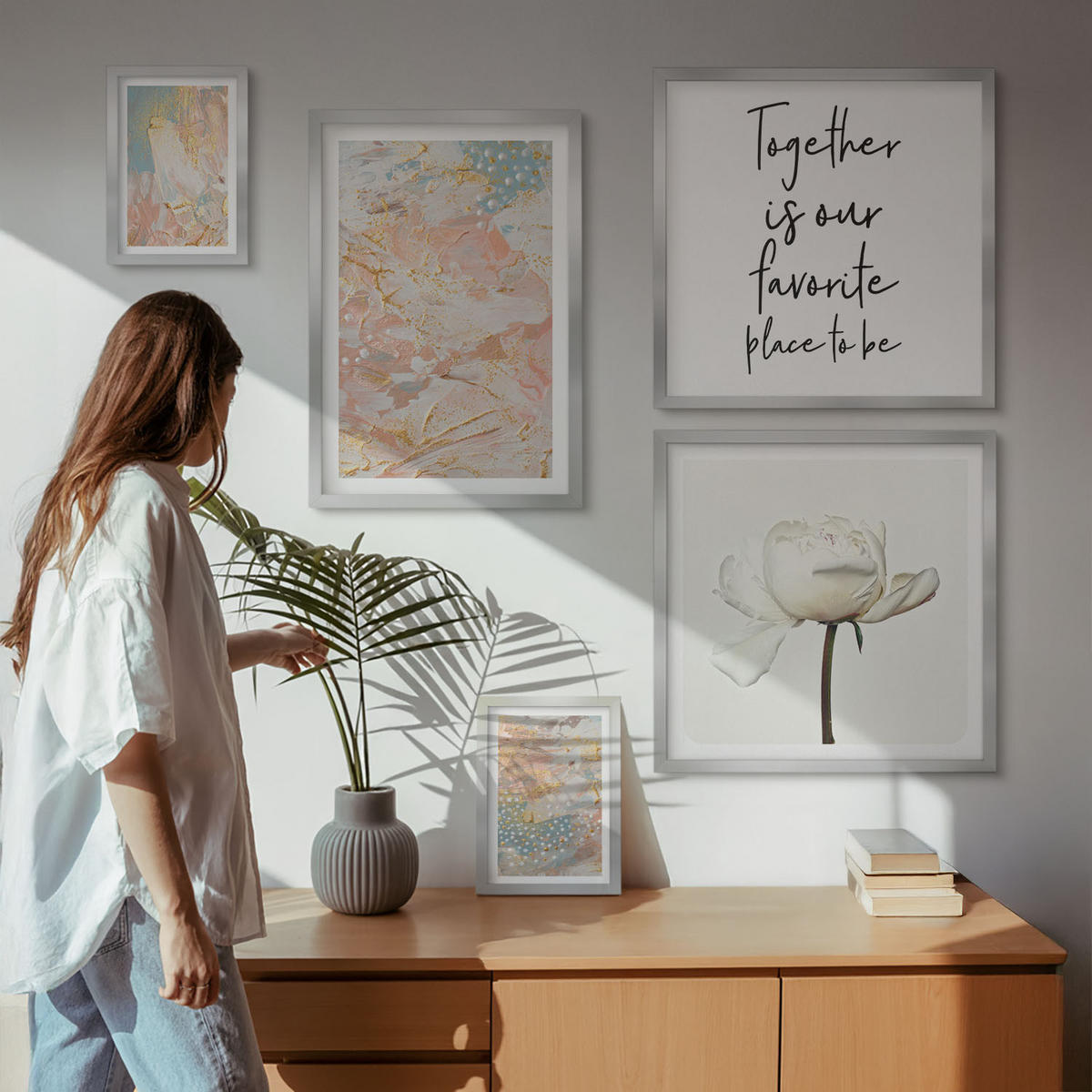 BILDER SET 5er Set - 50x50 cm & 20x30 cm & 40x60 cm Silberner Rahmen - Abstrakte Pastellmuster - Silberfarben, Kunststoff (40/60cm) - TULUP