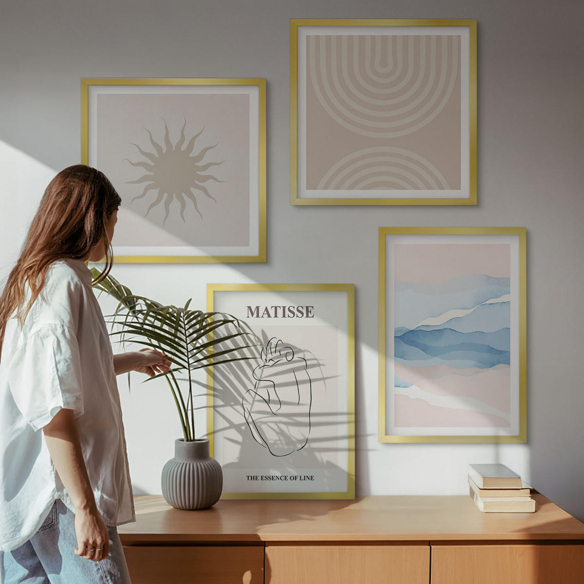 WANDBILDER 4er Set - 50x50 cm & 40x60 cm Goldrahmen - Linien, Wellen, Pastellfarben, minimalistisch - Goldfarben, Kunststoff (50/50cm) - ArtPrintCave