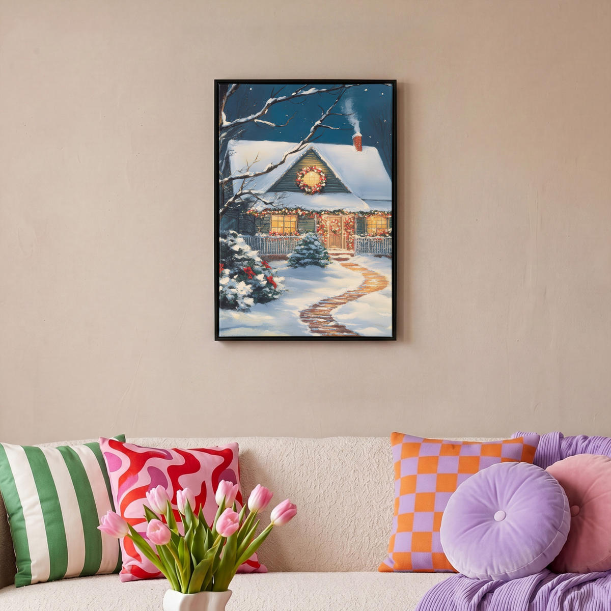 LEINWAND Bilder mit Rahmen - Weihnachten - Weihnachtsbaum - Winter - Zuhause - Schnee - 40x60 - Smaragdgrün, Textil (40/60cm) - MuchoWow