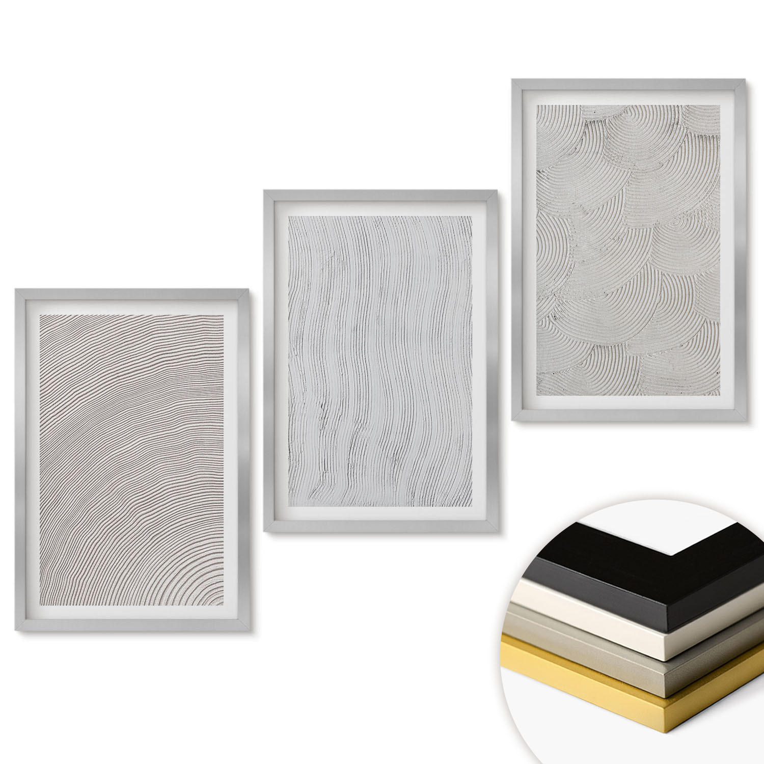WANDBILDER 3er Set - 40x60 cm Silberner Rahmen - Sandmuster geometrische Strukturen - Silberfarben, Kunststoff (40/60cm) - ArtPrintCave