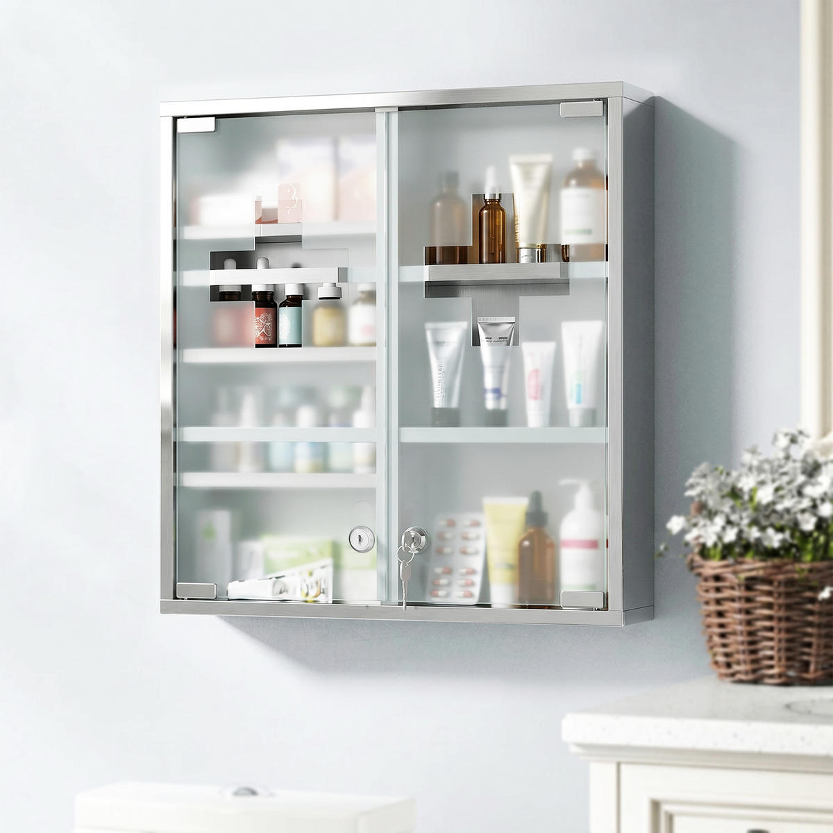 MEDIZINSCHRANK Edelstahl 430 gehärtetes Glas Silber - Silberfarben, Metall (46/48/12cm) - HOMCOM
