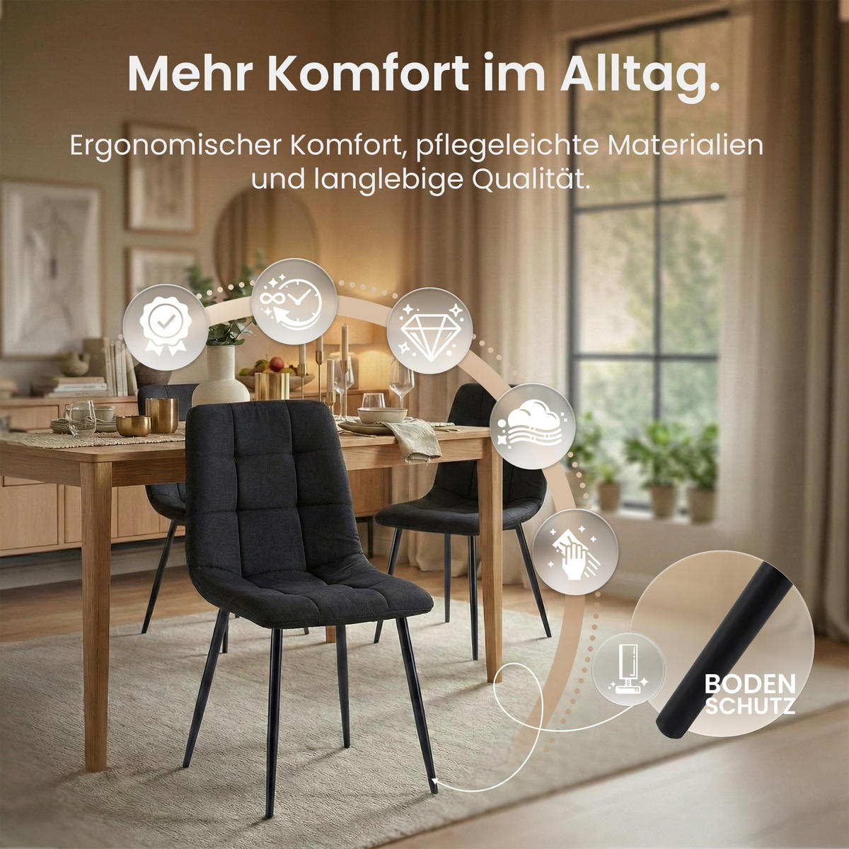 STUHL 4er Set Stoff Schwarz - Schwarz, Textil/Metall (45/84/55cm) - CLP