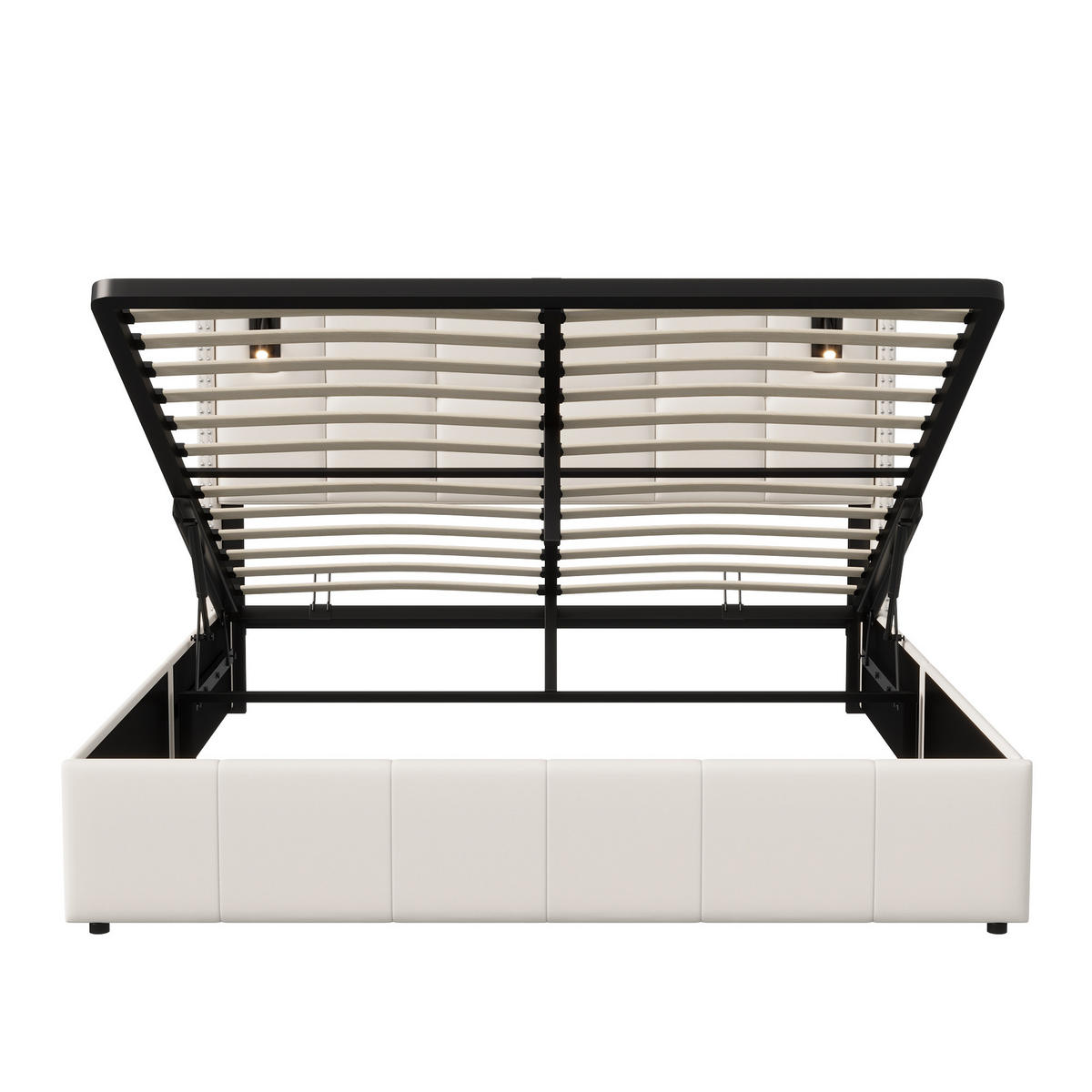 POLSTERBETT 140x200 cm mit Leselampe, Doppelbett 140x200, Nietenverzierung, Stauraum, Beige Samt - Beige, Leder/Metall (140/200cm) - GENKI LIVING