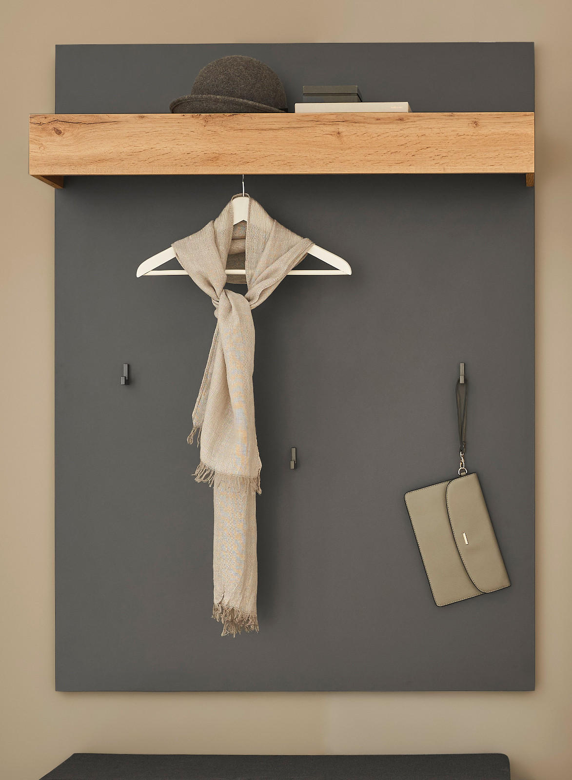 GARDEROBENPANEEL grau matt, Eiche Wotan 100 cm, Wandgarderobe mit Kleiderstange - Eiche Wotan/Grau, Holzwerkstoff/Metall (100/135/25cm) - Furn.Design