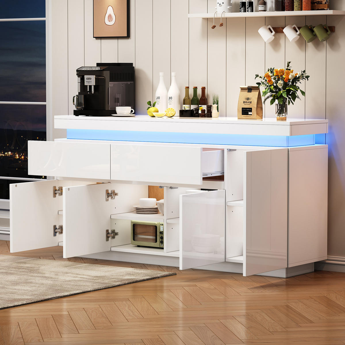 SIDEBOARD 140cm Hochglanz LED 4 Türen 2 Schubladen Weiß modern - Weiß, Holzwerkstoff (35/72.5/140cm) - FLIEKS