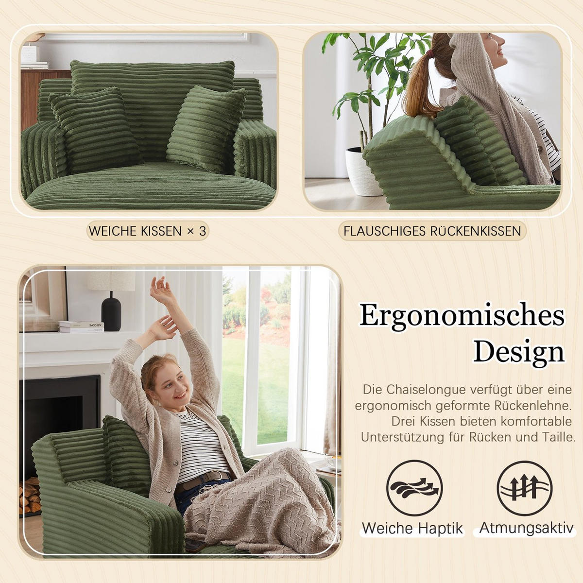 SOFA Cord Grün als Relaxsessel und Schlafsofa - Grün, Textil (100/82/166cm) - WISHDOR