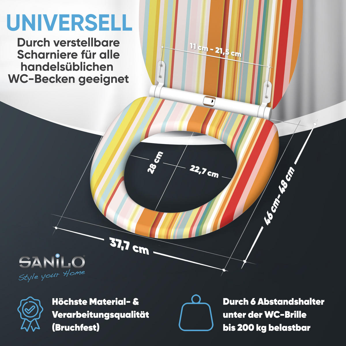 WC-SITZ mit Absenkautomatik & Top Fix Starstripes - Multicolor, Holzwerkstoff (37.7/5.5/48cm) - Sanilo