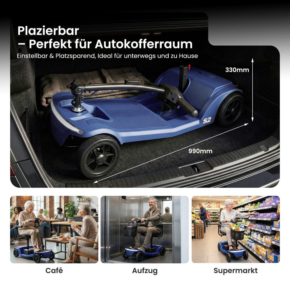 ELEKTROMOBIL mit vier Rädern für Senioren, Tragkraft 136 kg, Geschwindigkeit 6 km/h - Blau, Metall (99.9/82/48.5cm) - Gisaae