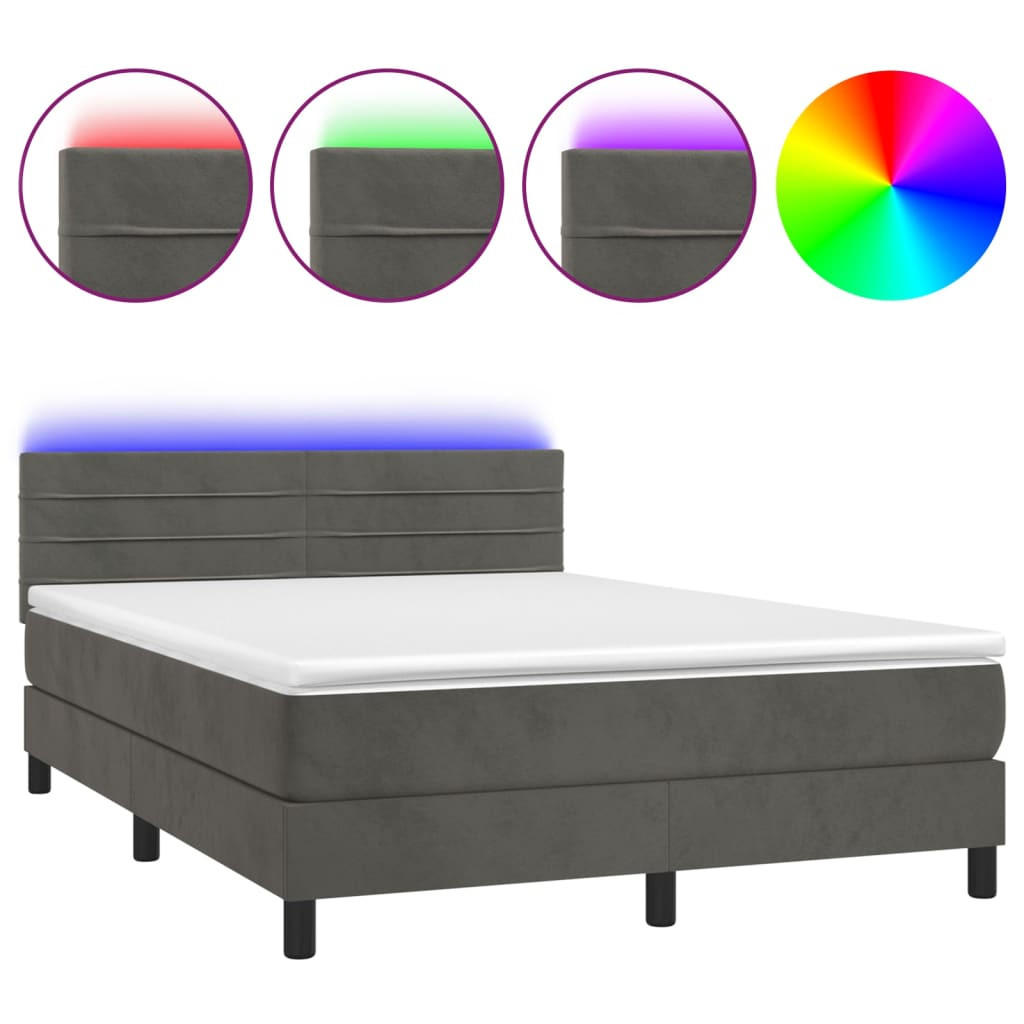 BOXSPRINGBETT MIT MATRATZE & LED DUNKELGRAU 140X200 CM SAMT - Dunkelgrau, Holz/Textil - vidaXL