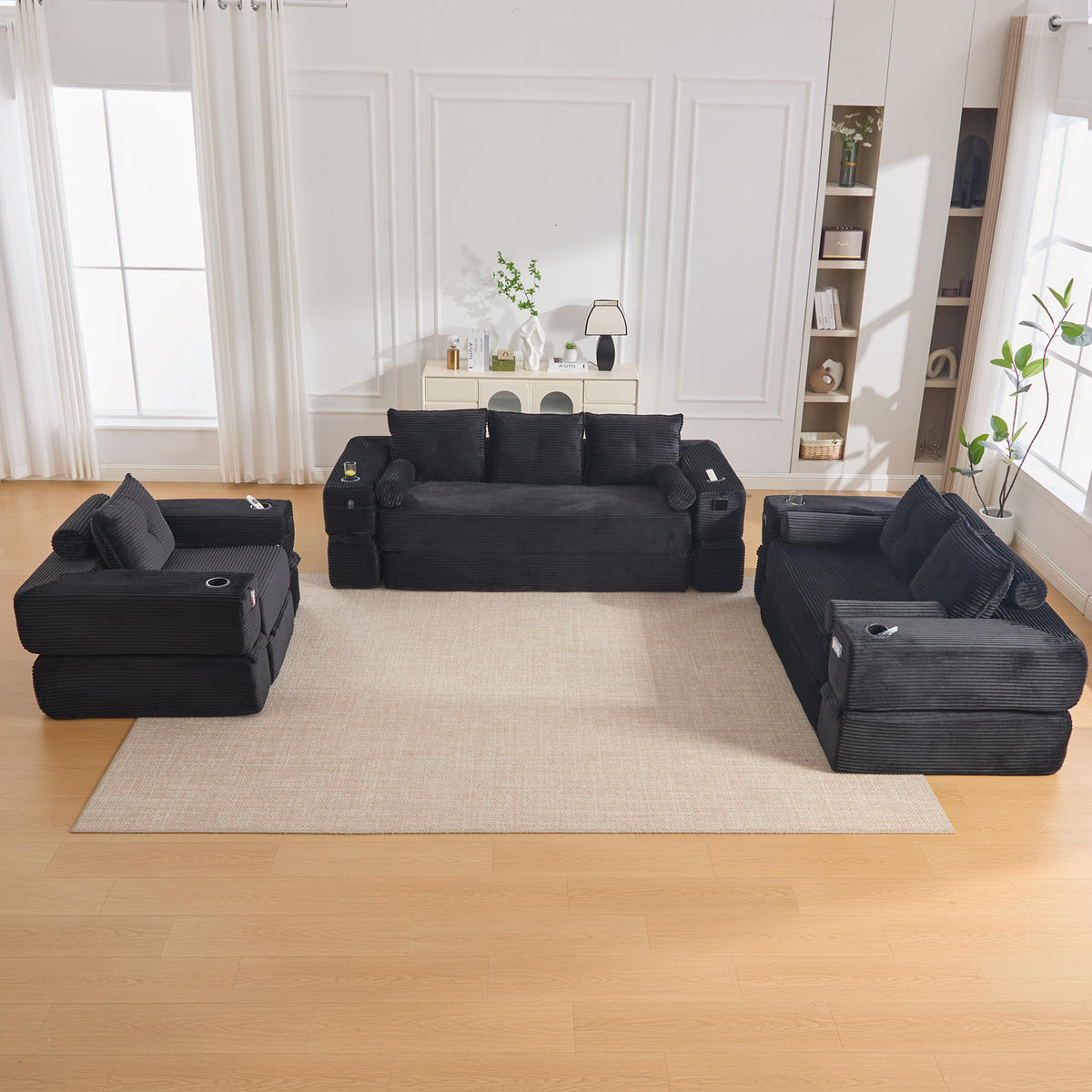 SCHLAFSOFA mit Cordbezug, Federkern, Memory-Kissen und Getränkehalter - Schwarz, Textil (180/80/98cm) - EVRYAE
