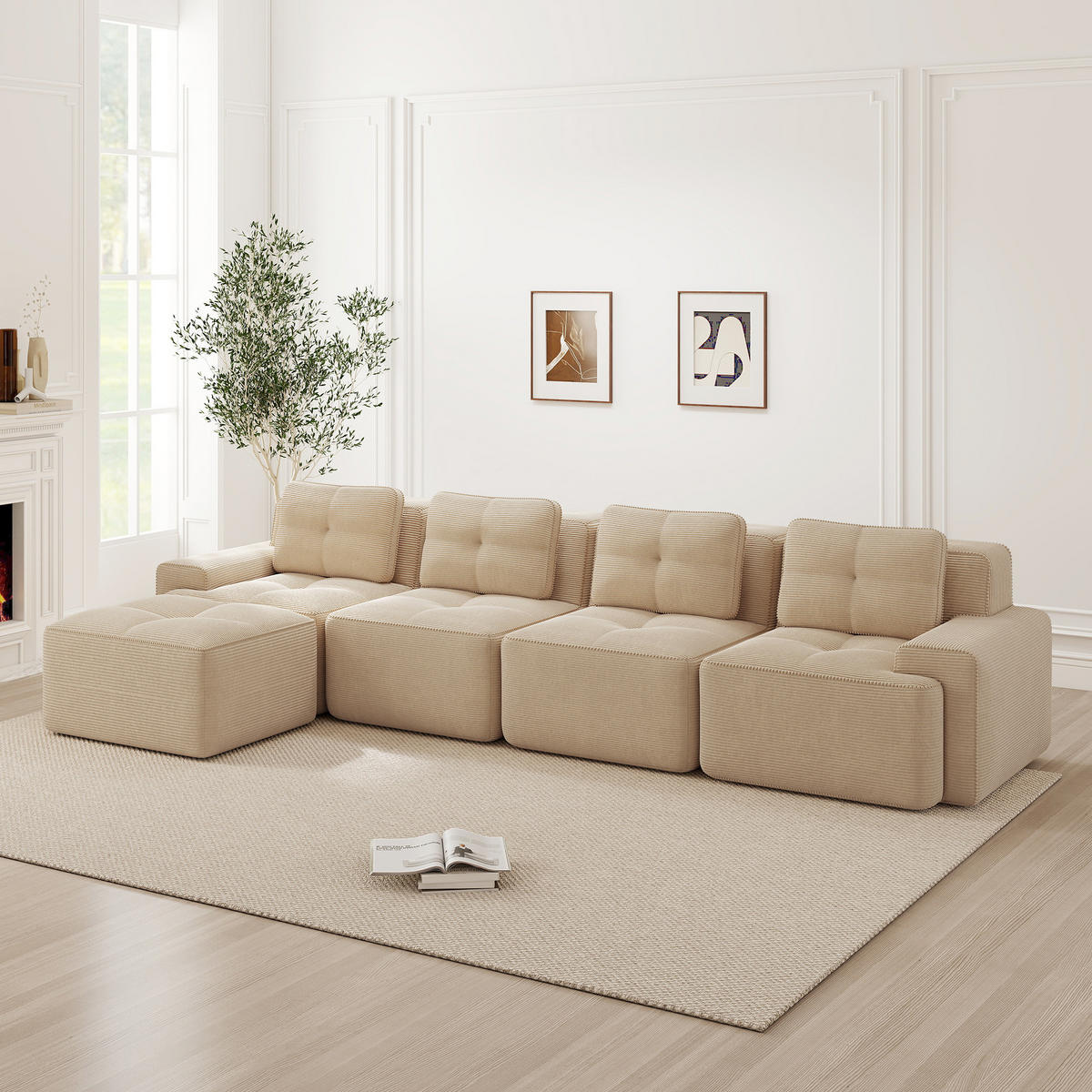 SOFA modular 4-Sitzer mit Chaiselongue Tiefsitz Cord Beige - Beige, Kunststoff (177/382.1cm) - Meubliv