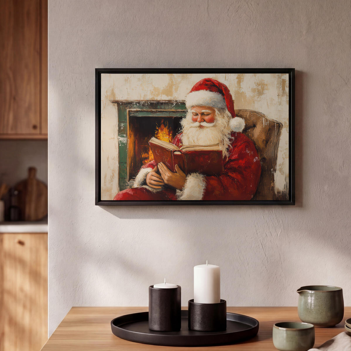 LEINWAND Bilder mit Rahmen - Weihnachten - Weihnachtsmann - Winter - Open Fireside - 30x20 - Dunkelrot, Textil (30/20cm) - MuchoWow
