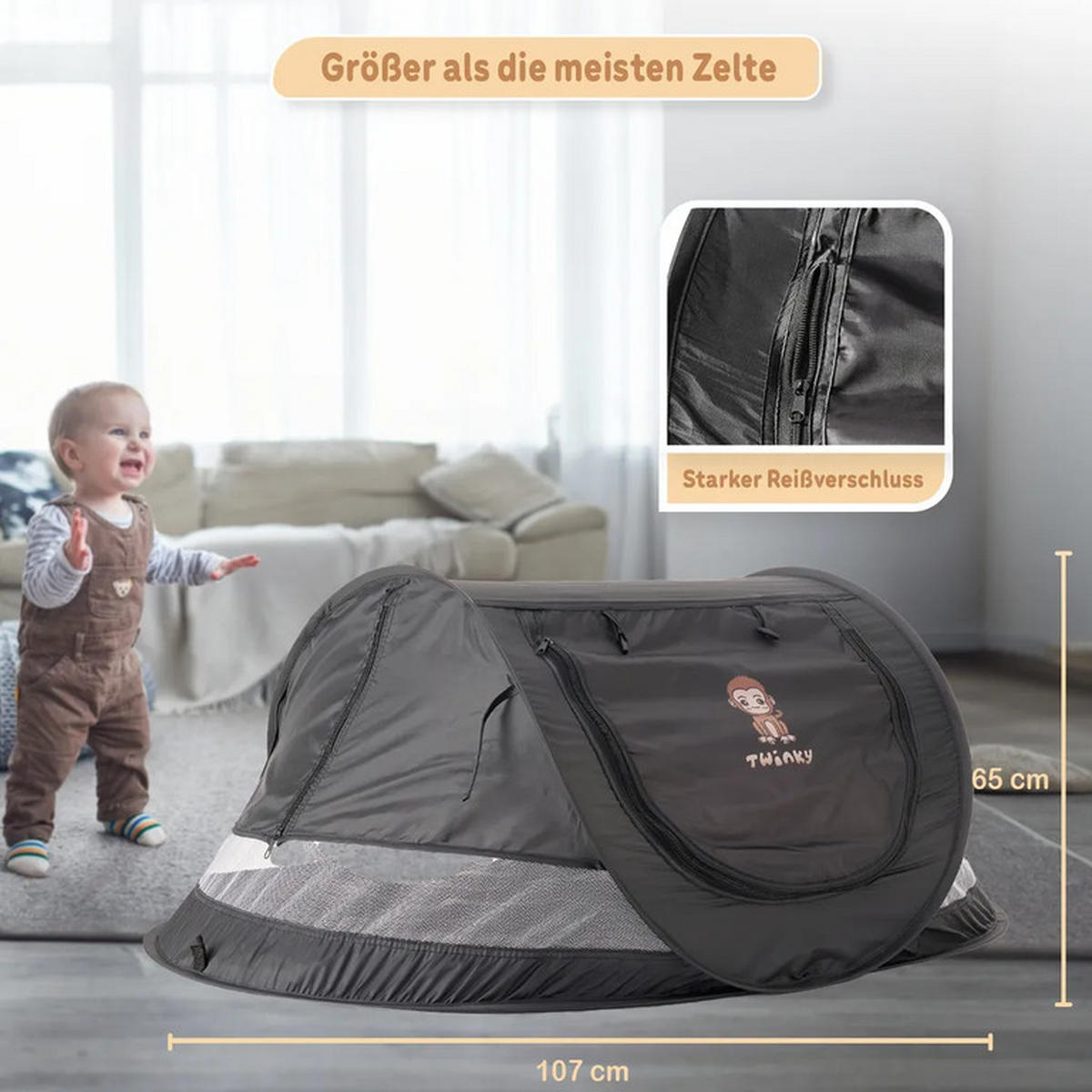 REISEBETT Baby mit Matratze bis 3 Jahre mit Moskitonetz Schwarz - Schwarz, Kunststoff (107/40cm) - Twinky