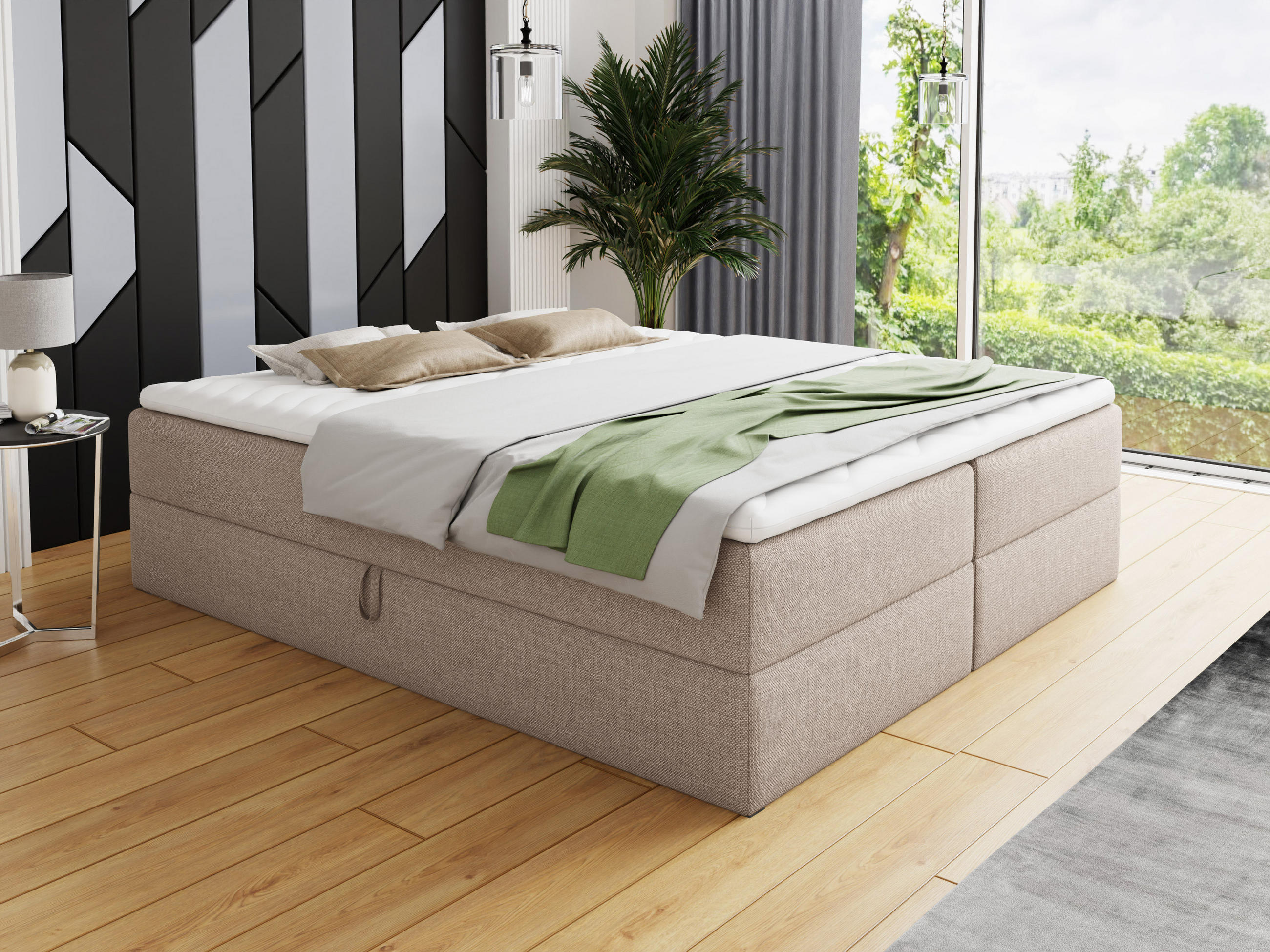 BOXBETT Base - 140x200 - beige (Inari 22, Webstoff) - Beige/Schwarz, Holz/Holzwerkstoff (140/200cm) - Sofnet