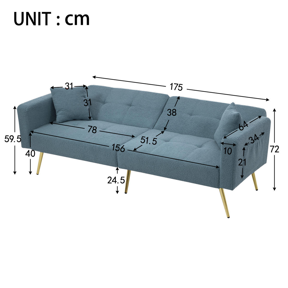 SCHLAFSOFA Lammwollstoff mit Bettfunktion und Seitentaschen Antikblau 175/64/72 cm - Blau, Textil (64/72/175cm) - Redom