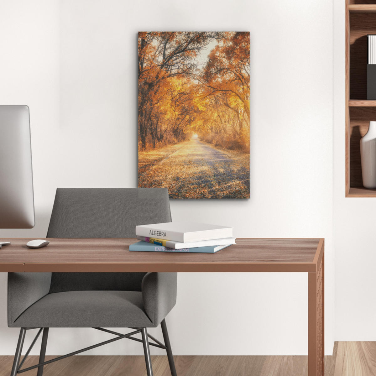AKUSTIKBILD Wald - Herbst - Bäume - Waldweg - Natur Kunstdruck Schlafzimmer 50x70 cm - Bernsteinfarben, Kunststoff (50/70/0.9cm) - MuchoWow