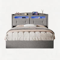 DOPPELBETT 140x200 cm Grau Leinen, Polsterbett, Hydraulischer Bettkasten, LED und USB, Tragfähigkeit 300 kg, Skandinavischer Stil - Grau, Textil/Metall (140/200cm) - GENKI LIVING