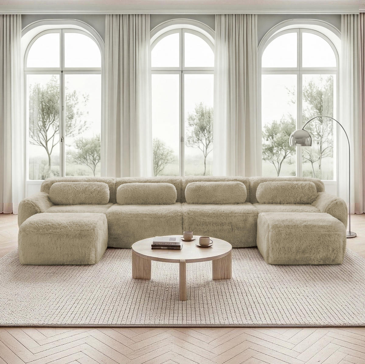 ECKSOFA 378/179/73 cm hellkhaki aus Plüschstoff rahmenlos und frei kombinierbar - Beige, Textil (179/378cm) - OKWISH
