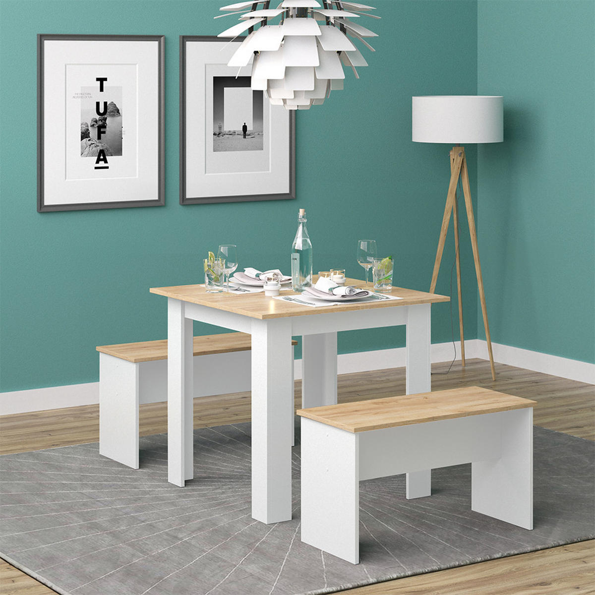 ESSTISCH SET Sentio Weiß/Goldkraft Eiche 80 x 80 cm mit 2 Bänken - Honigeiche/Weiß, Holzwerkstoff (80/73/80cm) - Vicco