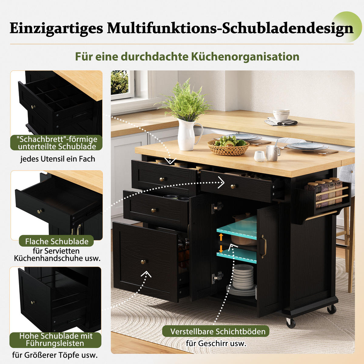 KÜCHENINSEL Schwarz 107/45-70/90.5 cm - Schwarz, Holzwerkstoff (107/90.5/45cm) - PANGIVO