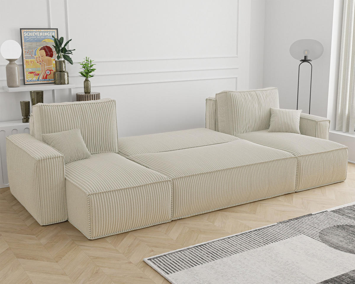WOHNLANDSCHAFT Scarlo Hellbeige Cordbezug - Ecru/Schwarz, Kunststoff/Textil (244/83/145cm) - Selsey