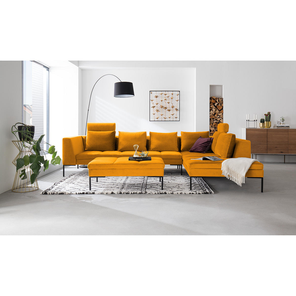 ECKSOFA mit Ottomane - Gelb/Schwarz, Textil/Metall (319/230cm) - home24