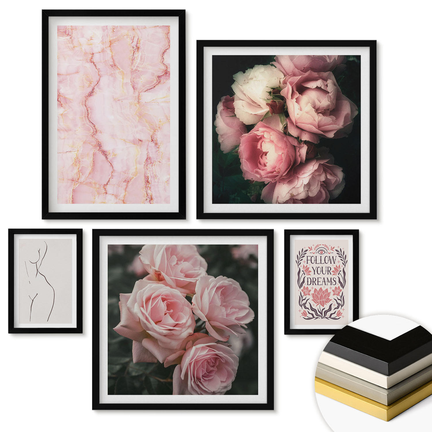 WANDBILDER 5er-Set - 50x50 cm & 20x30 cm & 40x60 cm Schwarzer Rahmen - Vintage-Rosen-Marmorträume - Schwarz, Kunststoff (40/60cm) - ArtPrintCave