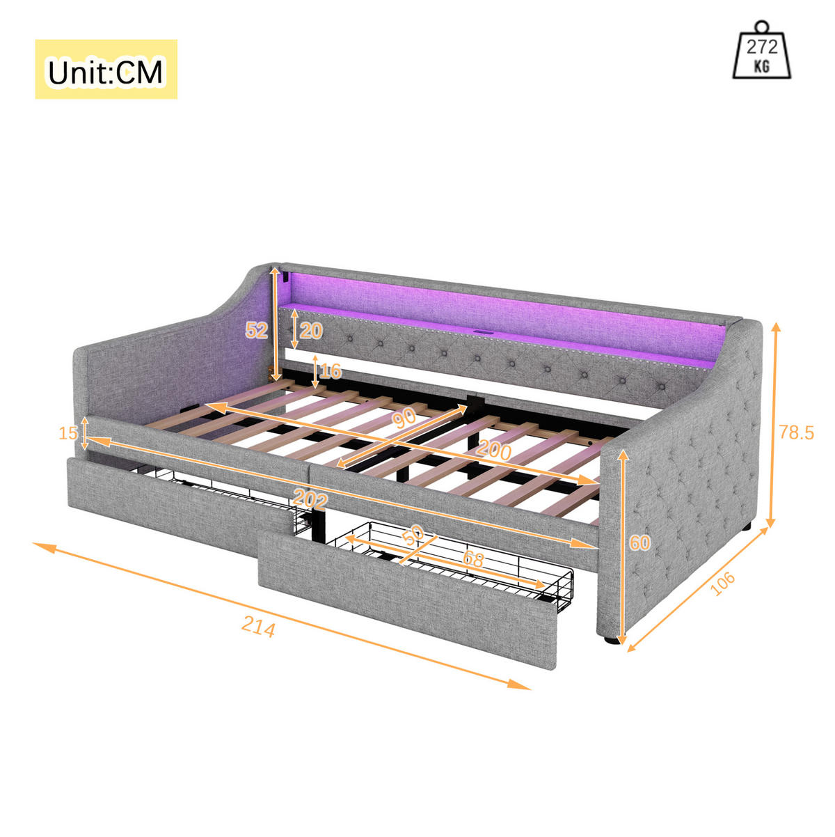 DENNÁ posteľ 90/200 cm sivá z ľanu a MDF s LED osvetlením USB portom a 2 zásuvkami - sivá, textil (90/200cm) - OKWISH