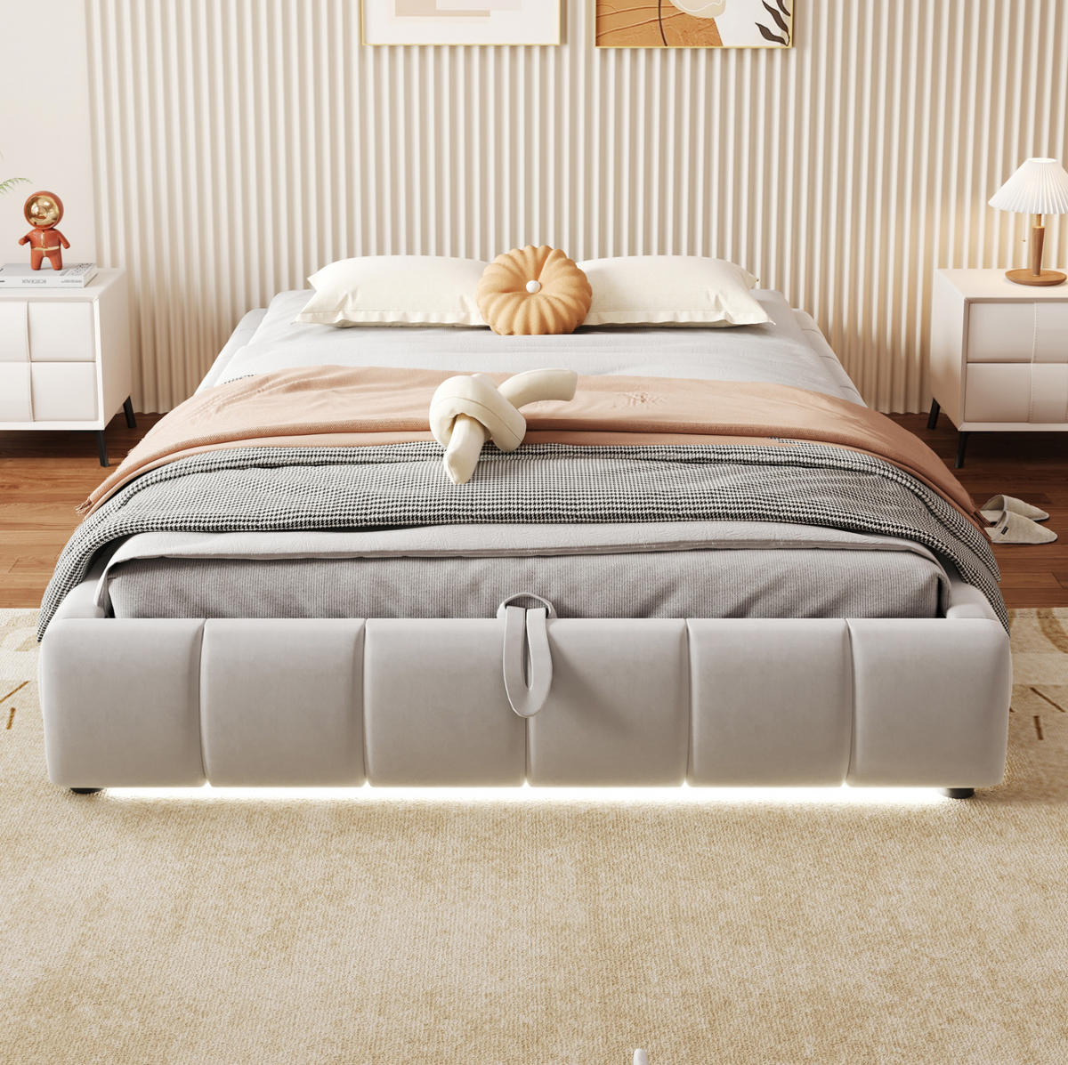 POLSTERBETT 140/200 cm aus Flanellstoff ohne Kopfteil mit LED-Lichtleiste und hydraulischem Stauraum, Beige - Beige, Textil (140/200cm) - Redom