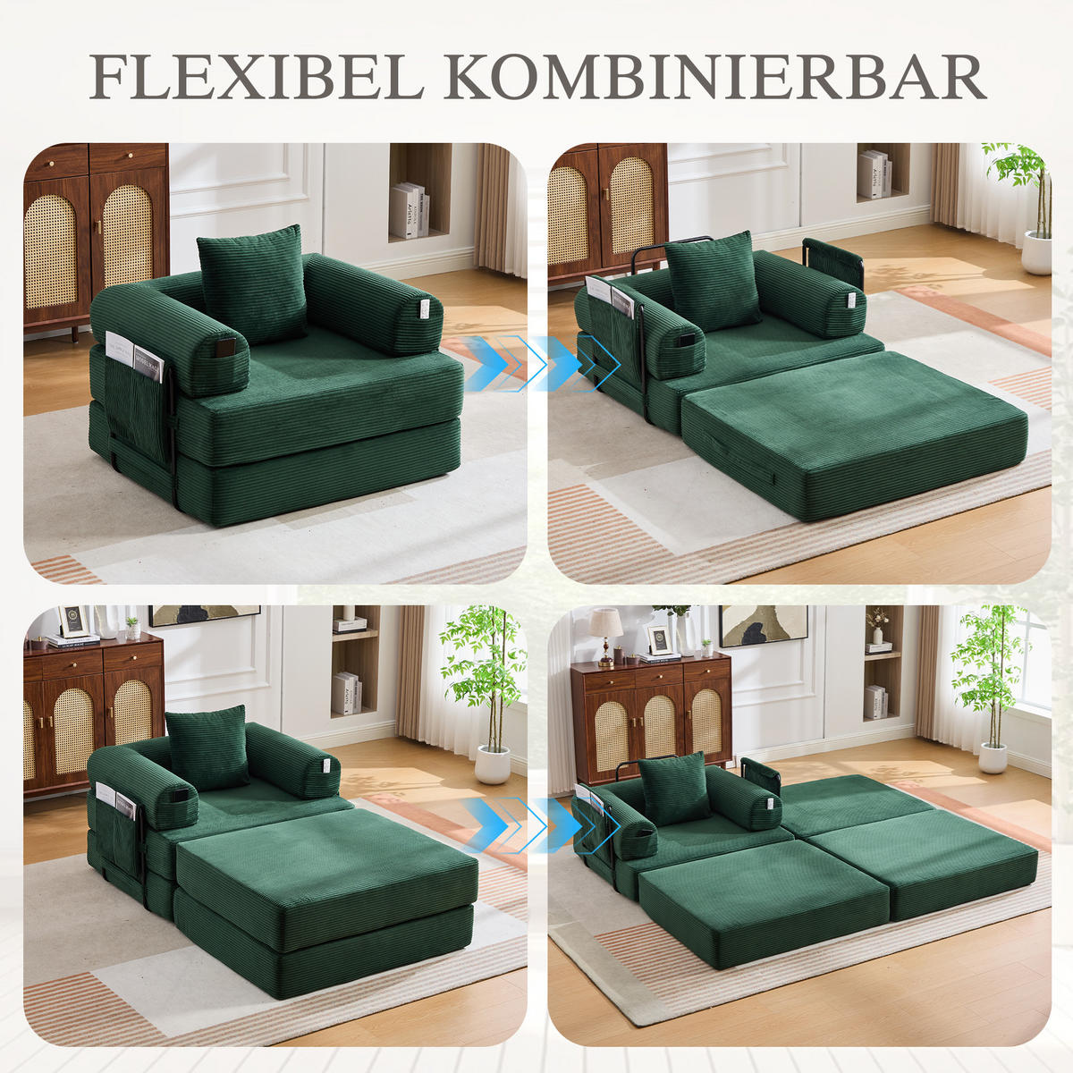 MODULSESSEL 112/190/67 cm mit Hocker, Seitentasche und Kissen aus Cord mit Metallrahmen, Emerald - Smaragdgrün, Textil (190/67/112cm) - Redom