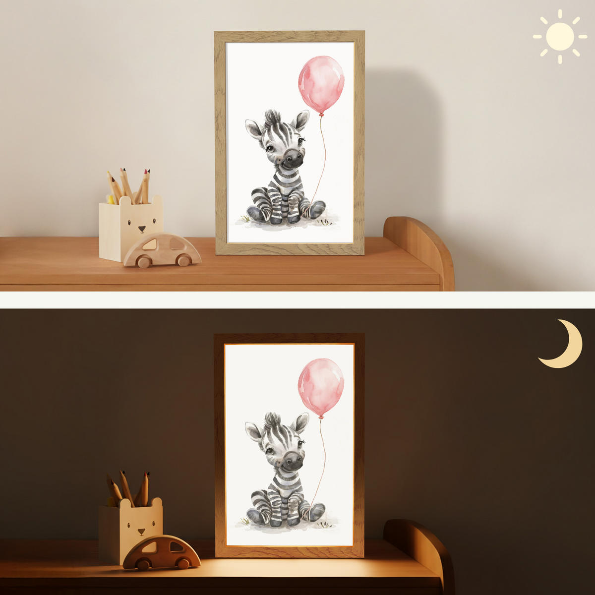 NACHTTISCHLAMPE Zebra - Baby - Tiere - Rosa Luftballon 20x30 cm - Weiß, Holzwerkstoff (8/20/30cm)