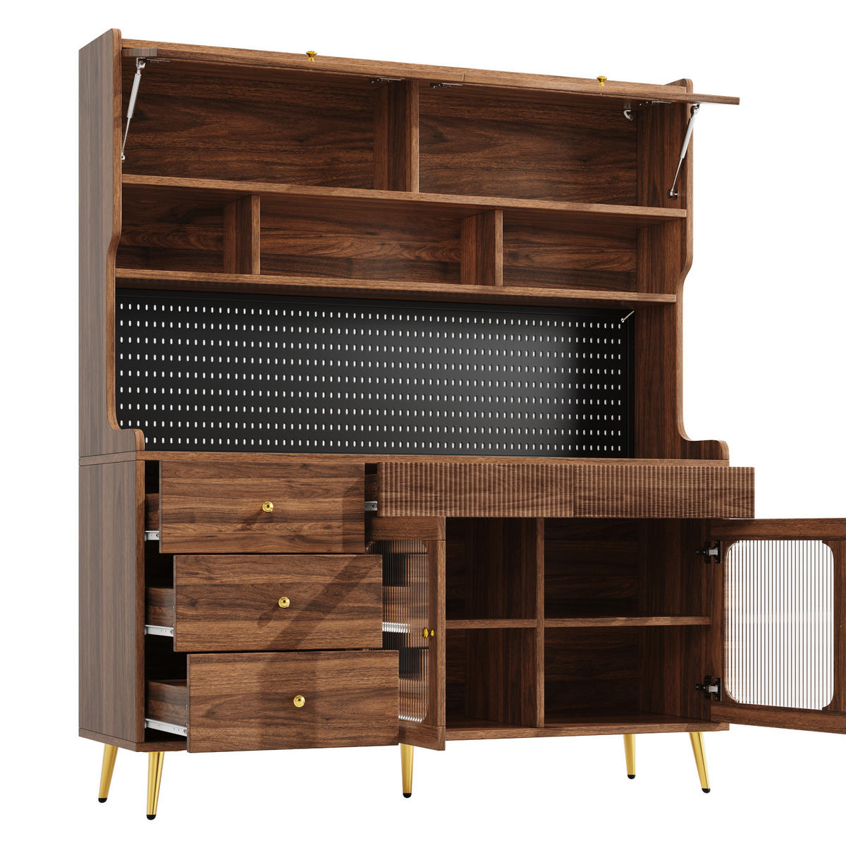 BUFFET 145/39/171 cm aus MDF und Glas mit LED-Beleuchtung Walnussfarben - Walnussfarben, Holzwerkstoff (145/171/39cm) - Modenvie