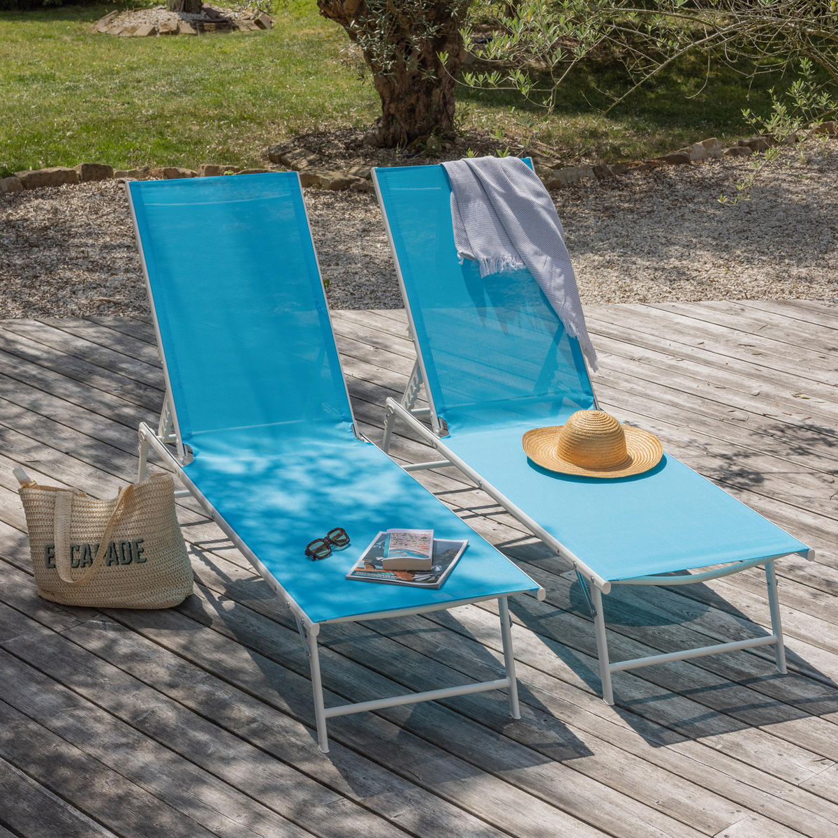 SONNENLIEGEN Sicilia Blau und Weiß 2er-Set - Blau, Kunststoff (54/87.5/182cm) - Happy Garden