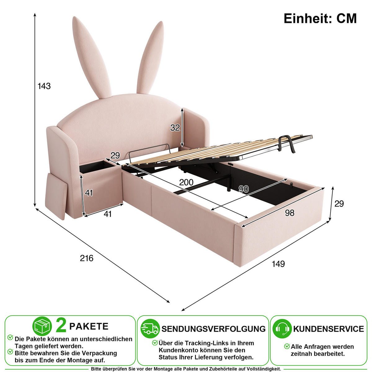 BETT 90/200 cm in Rosa mit Hasenohren, Stauraumbox und Nachttisch aus Samt - Rosa, Holzwerkstoff/Textil (90/200cm) - CHICFURN