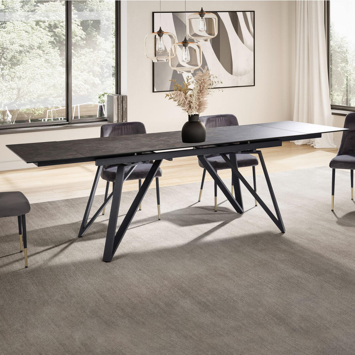 ESSTISCH Ausziehbar Keramik Glas Marmoroptik Rechteckig Groß, Schwarz 180x95x76 cm - Schwarz, Keramik/Metall (95/180/76cm) - KADIMA DESIGN
