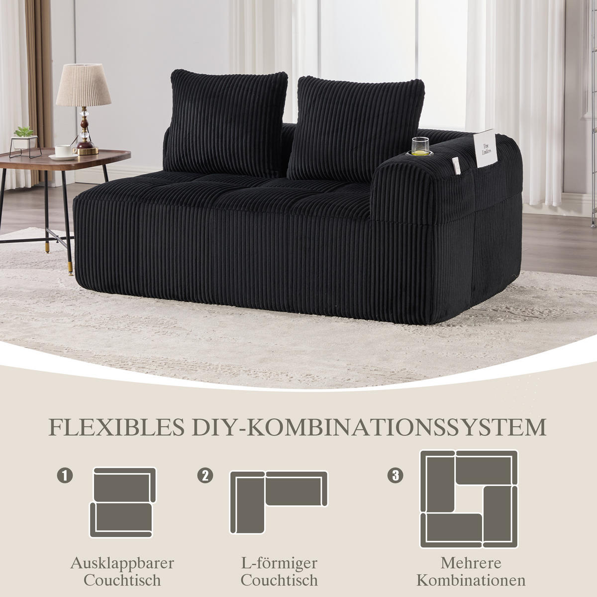 CHAISELONGUE in Cord Übergroßer Relaxsessel mit Seitentaschen - Schwarz, Textil (158/61/93cm) - Urban Meuble