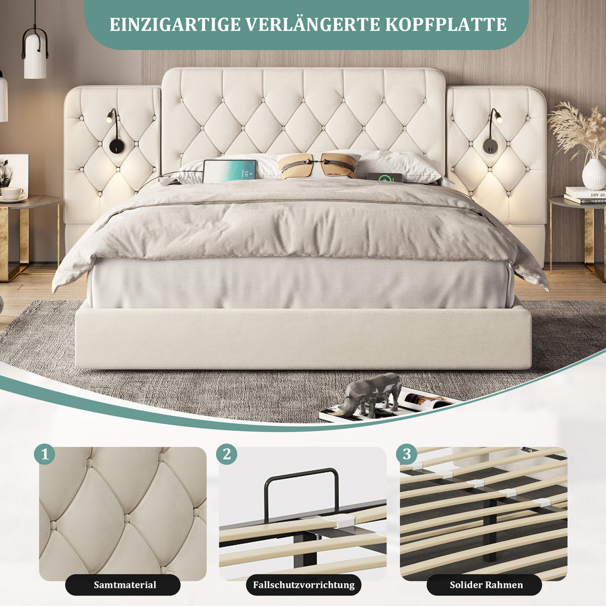 ČALOUNĚNÁ POSTEL samet béžový 160x200 cm s LED lampičkami na čtení a USB portem - béžová, textil (160/200cm) - Urban Meuble