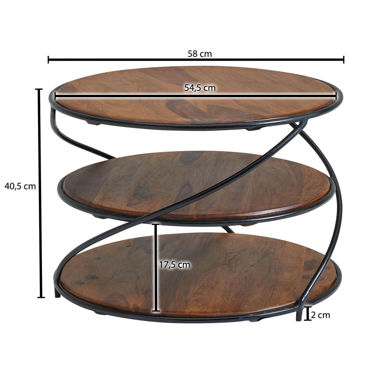 COUCHTISCH aus Sheesham-Massivholz, 58x58 cm, mit 3 Ablageflächen und außergewöhnlichem Design - Schwarz/Braun, Holz/Metall (58/58/40cm) - KADIMA DESIGN