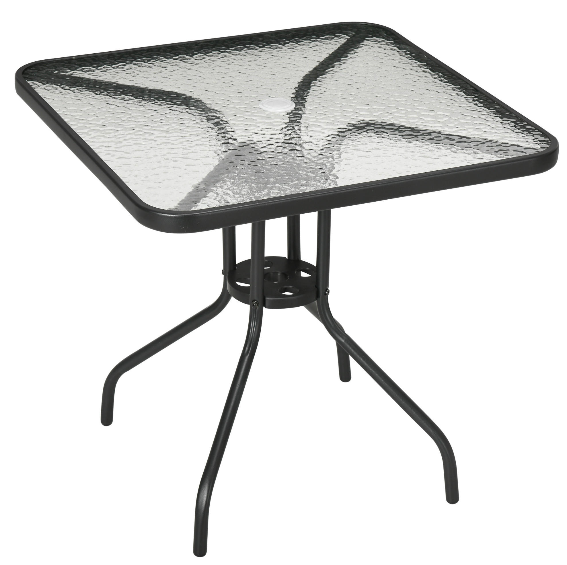 GARTENTISCH 76/76/72 cm mit Schirmloch, gehärteter Glasplatte und Metallgestell, Schwarz - Naturfarben, Metall (76/76/72cm) - Redom