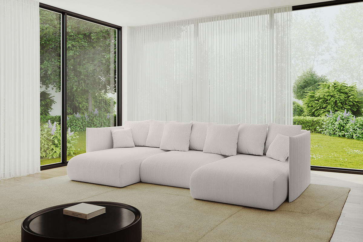 WOHNLANDSCHAFT mit Schlaffunktion und Bettkasten ONESK-U 304x165x40 Hellgrau Cord - Hellgrau, Holzwerkstoff/Kunststoff (304/90/165cm) - ALTDECOR