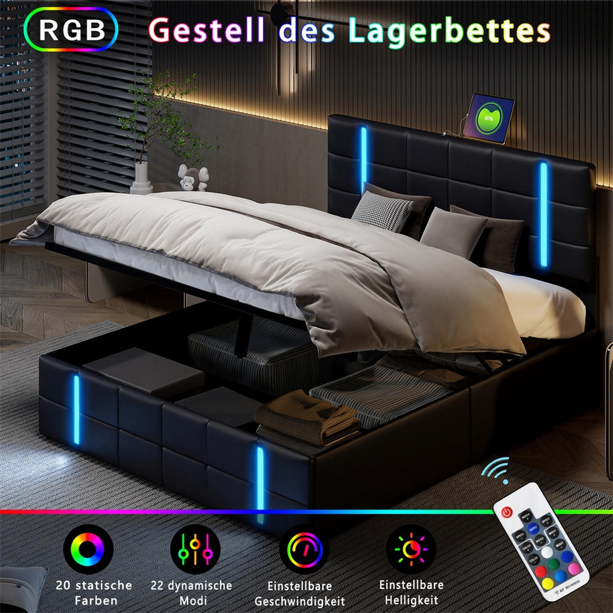 POLSTERBETT 140x200 cm mit LED-Beleuchtung , 2 USB-Ports und hydraulischem Stauraum - ohne Matratze - Schwarz, Textil (140/200cm) - DELFA