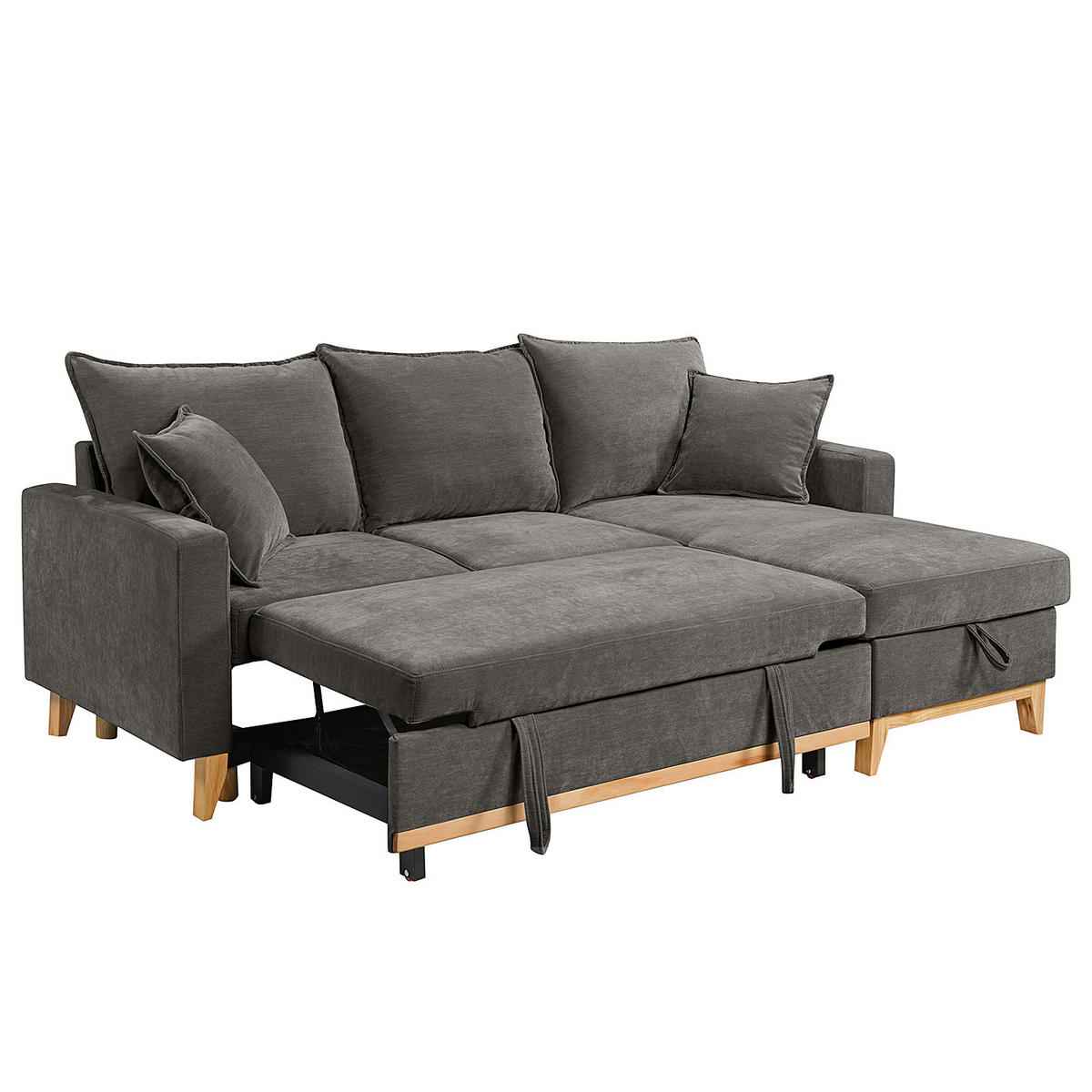 ECKSOFA mit Schlaffunktion - Flachgewebe - Hellbraun/Anthrazit, Holz/Textil (214/145cm) - home24