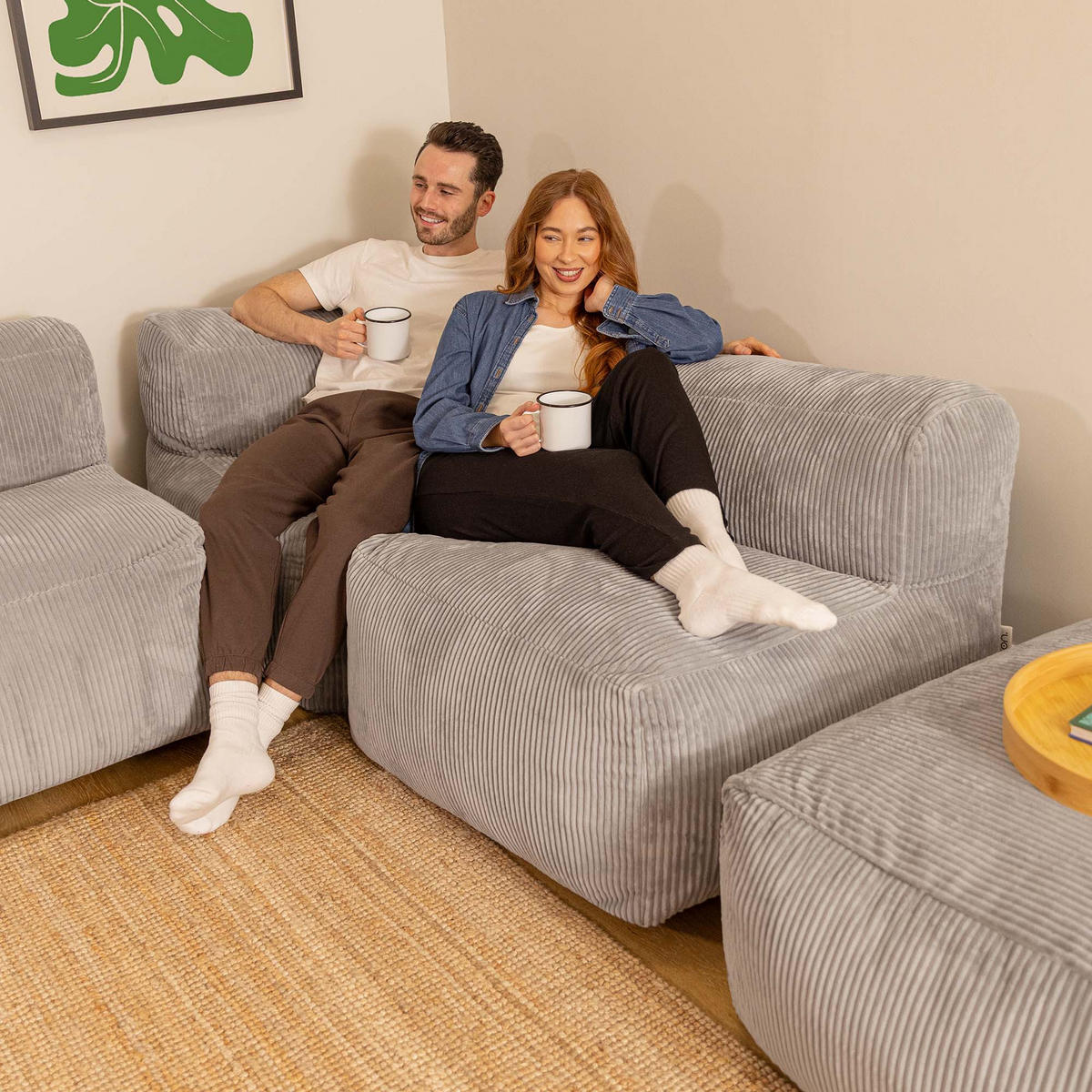 SITZSACK-SOFA 4-tlg. ZEN: Ecksessel, 2 Sessel, Fußstütze - Grau, Textil (385/68/100cm) - icon