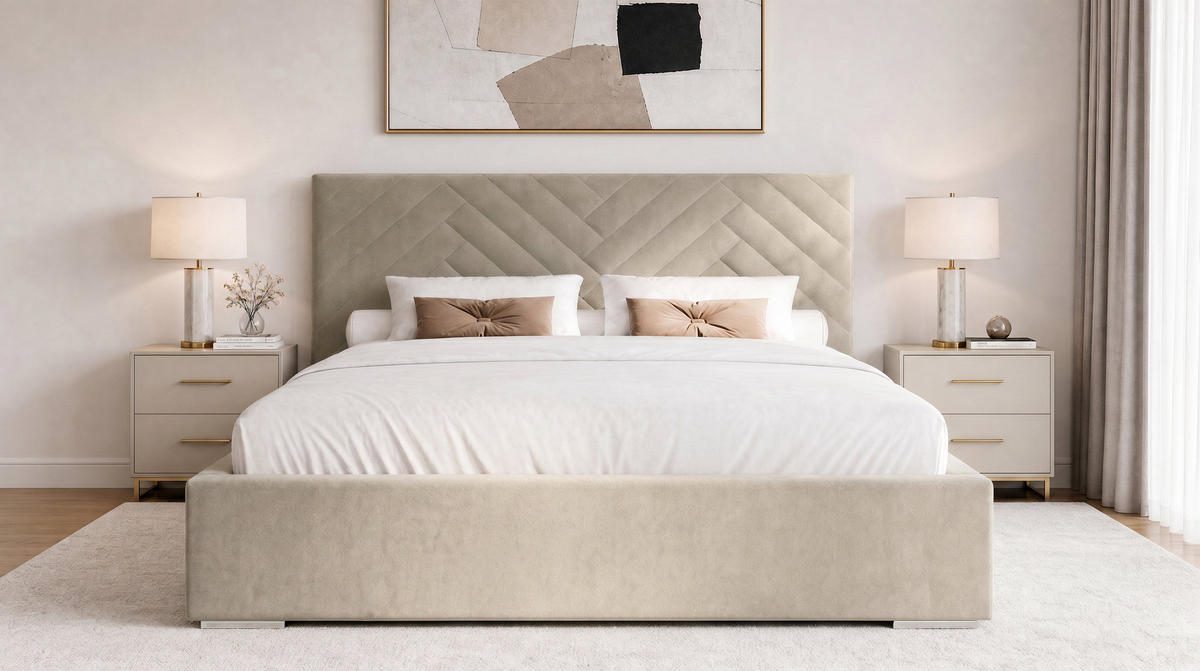 POLSTERBETT 120x200 cm AURA, Doppelbett mit Bettkasten und Lattenrost aus Holz, Velourstoff: Hellbraun - Hellbraun, Holz/Kunststoff (120/200cm) - Marpur