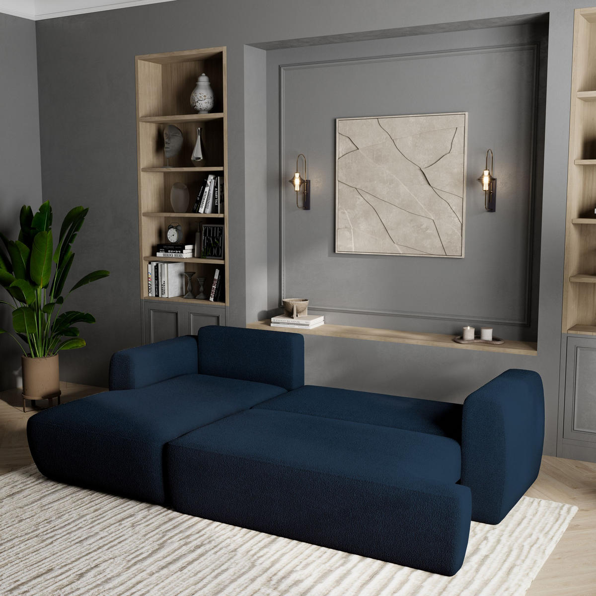 ECKSOFA SENTI N L-S Blau Boucle-Stoff mit Schlaffunktion - Blau, Holz (246/148cm) - MASSENO