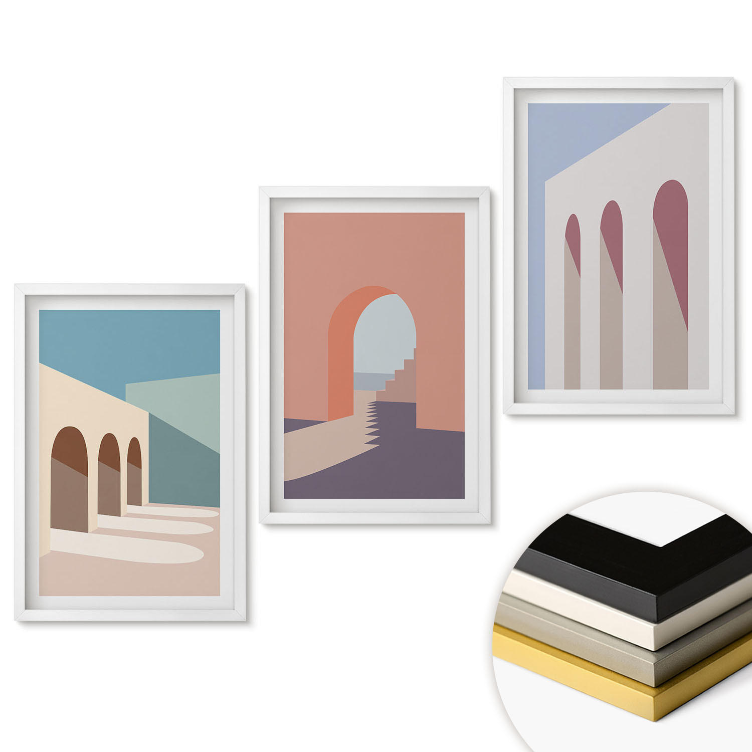 WANDBILDER 3er-Set - 40x60 cm Weißer Rahmen - Architekturgrafiken in Pastellfarben - Weiß, Kunststoff (40/60cm) - ArtPrintCave