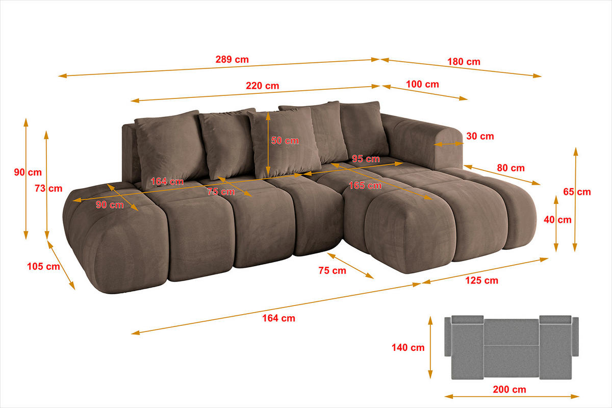 ECKSOFA Ottomane Rechts CLOUD-L-v1 289x180x40 Braun Velours - Braun, Holzwerkstoff/Kunststoff (289/180cm) - ALTDECOR