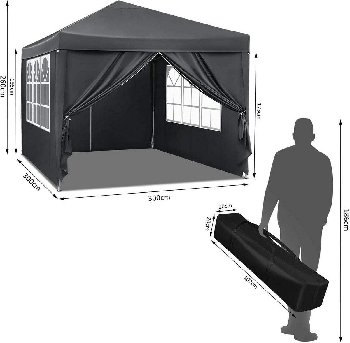 PAVILLON Pop-Up wasserdichter Faltpavillon, aus Oxford Metallrahmen 3 x 3 m - Anthrazit, Metall (300/300/260cm) - Woltu