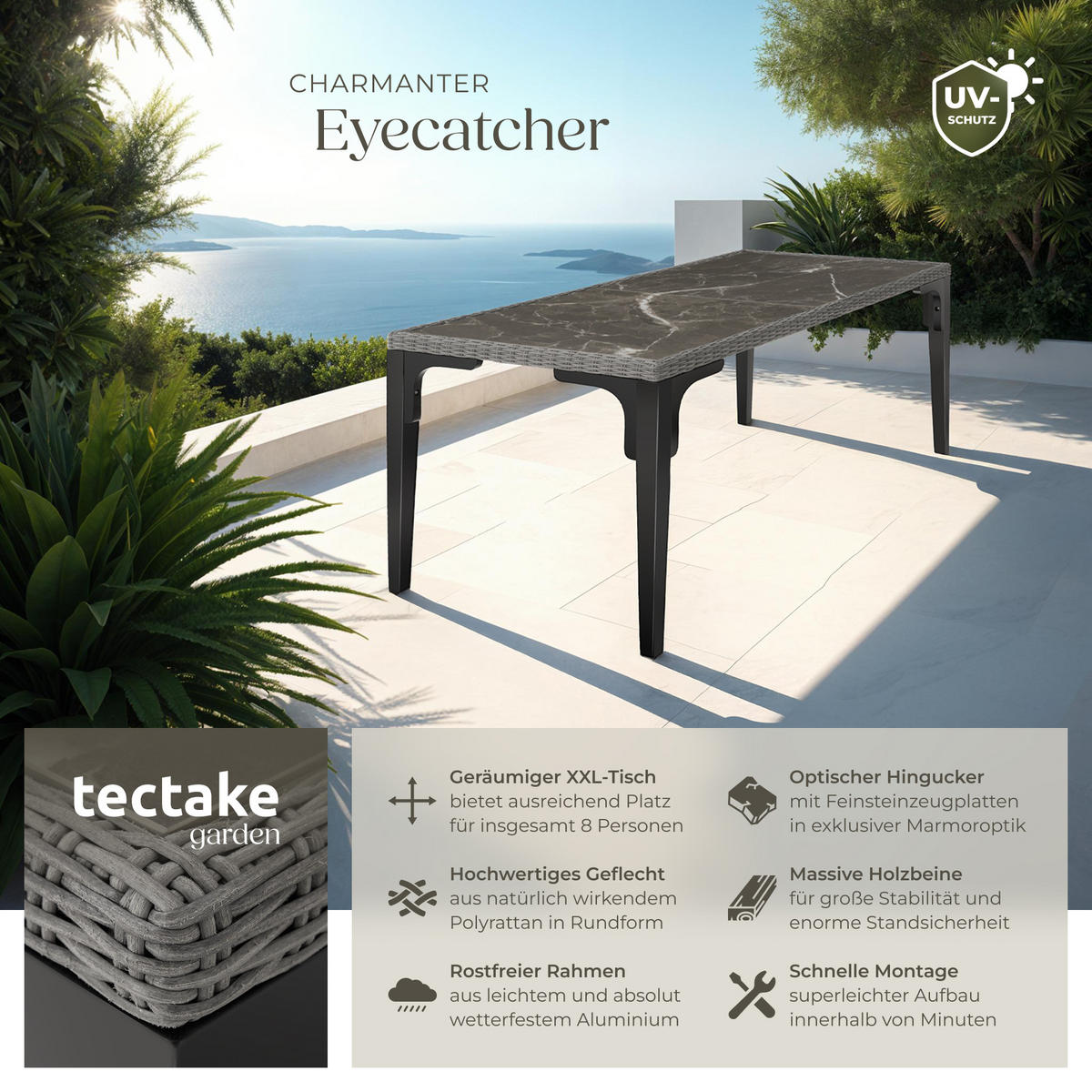 GARTENTISCH Foggia,196 x 87 x 76 cm,grau - Grau, Kunststoff (196/87/76cm) - tectake