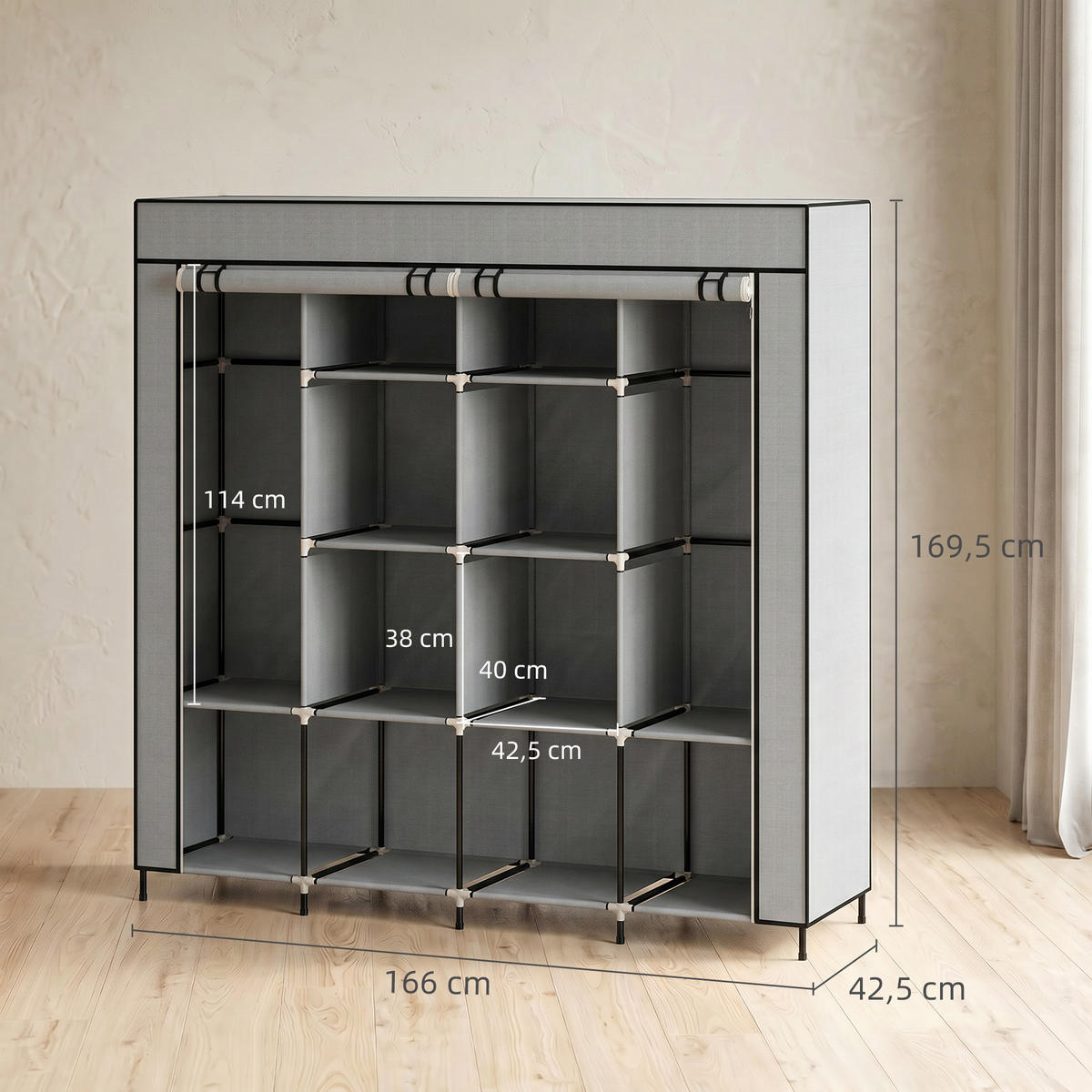 STOFFSCHRANK Grau 1 Stück - Grau, Metall (166/169.5/42.5cm) - GiPP